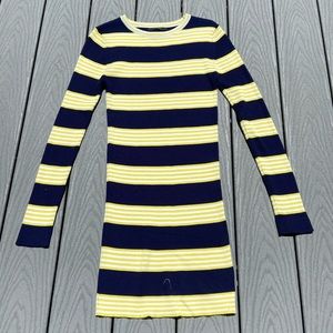 Navy blue and yellow dress.